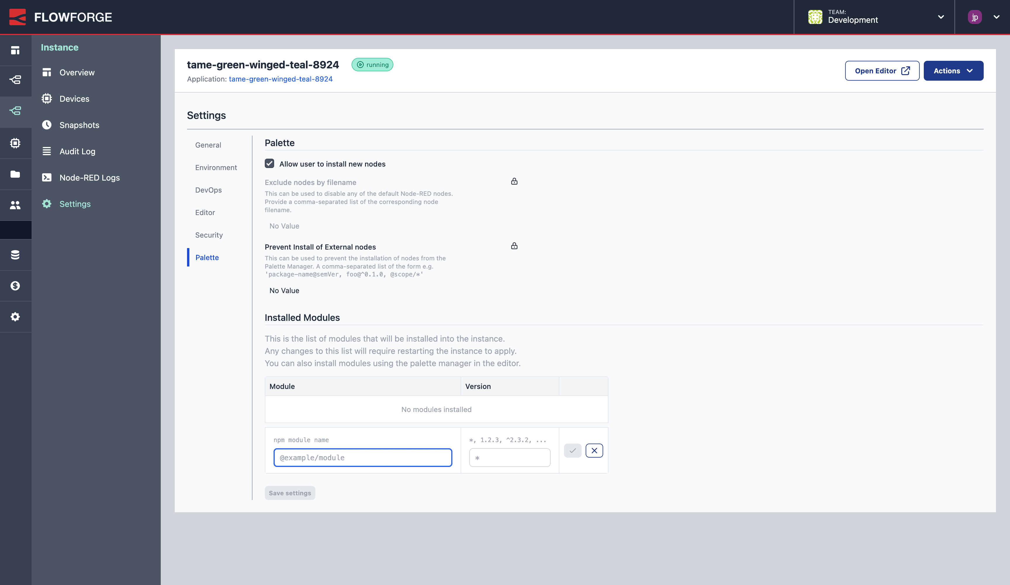 Screenshot of FlowFuse's 'Installed Modules' option in Instance > Settings > Palette Screenshot of FlowFuse's "Installed Modules" option in Instance > Settings > Palette