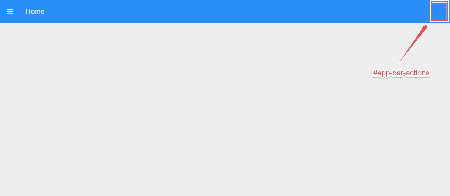 "Screenshot of Dashboard showing the #app-bar-actions container"